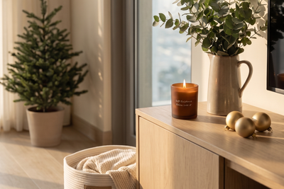 Cream apartment living room dressed for Christmas: a lit amber glass soy candle on an oak console beside eucalyptus in a jug and brass baubles, a woven cotton basket holding a knit throw on the floor and a small potted fir behind