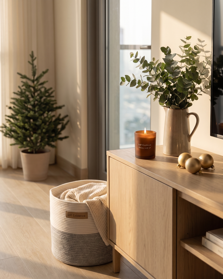 Cream apartment living room dressed for Christmas: a lit amber glass soy candle on an oak console beside eucalyptus in a jug and brass baubles, a woven cotton basket holding a knit throw on the floor and a small potted fir behind