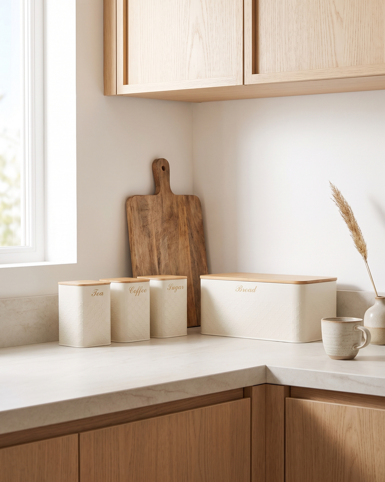 Scandinavian-style kitchen with pale oak cabinets and a light stone counter, a cream four-piece canister and bread bin set with bamboo lids in a row against the wall, a wooden board leaning behind and a ceramic cup