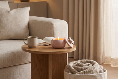Hygge evening in a cream apartment: a lit blush ceramic soy candle with its gold-trimmed flower lid beside it on an oak side table next to a linen sofa, a cup of tea and an open book, a woven cotton basket holding a wool blanket on the floor