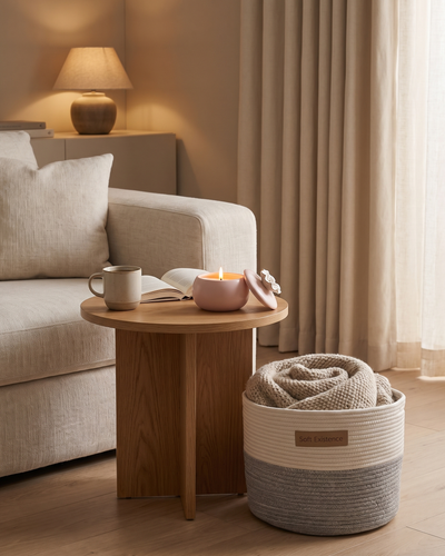 Hygge evening in a cream apartment: a lit blush ceramic soy candle with its gold-trimmed flower lid beside it on an oak side table next to a linen sofa, a cup of tea and an open book, a woven cotton basket holding a wool blanket on the floor