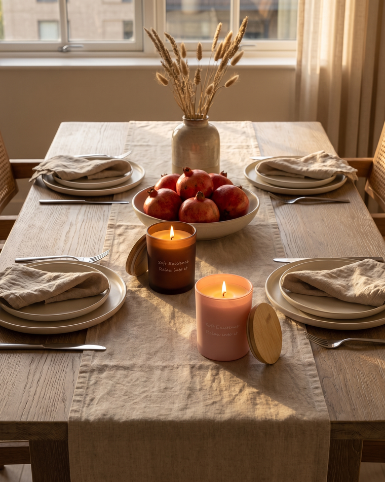 Dining table set for four in a cream apartment: a washed linen runner, stoneware plates and linen napkins, a low bowl of pomegranates, dried grasses in a stoneware vase, and a lit amber glass candle beside a lit blush glass candle down the centre