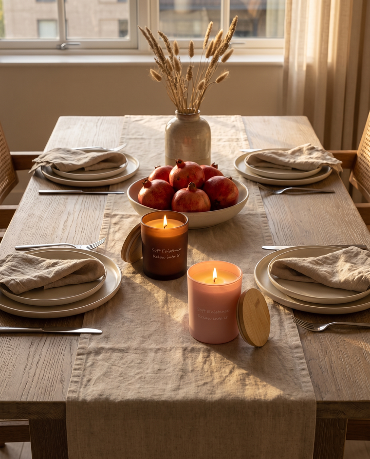 Dining table set for four in a cream apartment: a washed linen runner, stoneware plates and linen napkins, a low bowl of pomegranates, dried grasses in a stoneware vase, and a lit amber glass candle beside a lit blush glass candle down the centre