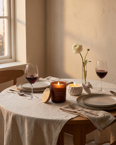 Anniversary dinner for two at home: a small oak table with a linen cloth, two stoneware plates, two glasses of wine, a white ranunculus in a bud vase, and a lit amber glass soy candle beside a lit white ceramic candle in the centre