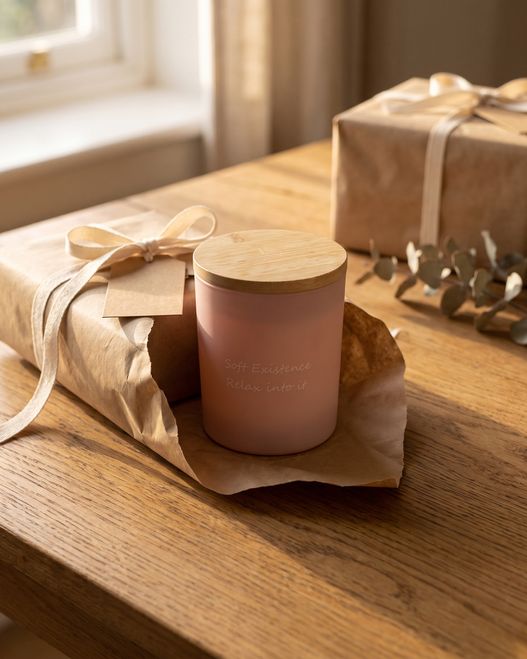 Blush frosted-glass soy candle with a bamboo lid sitting in half-unwrapped kraft paper with a cream ribbon and blank tag on an oak table, a second wrapped parcel behind