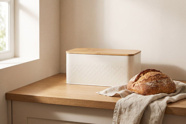 Cream steel bread bin with bamboo lid beside a fresh sourdough loaf on an oak kitchen counter