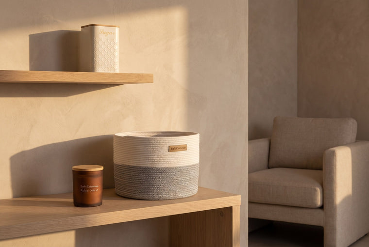 Calm Dubai apartment corner with a frosted amber soy candle, woven cotton basket and cream canister in warm light