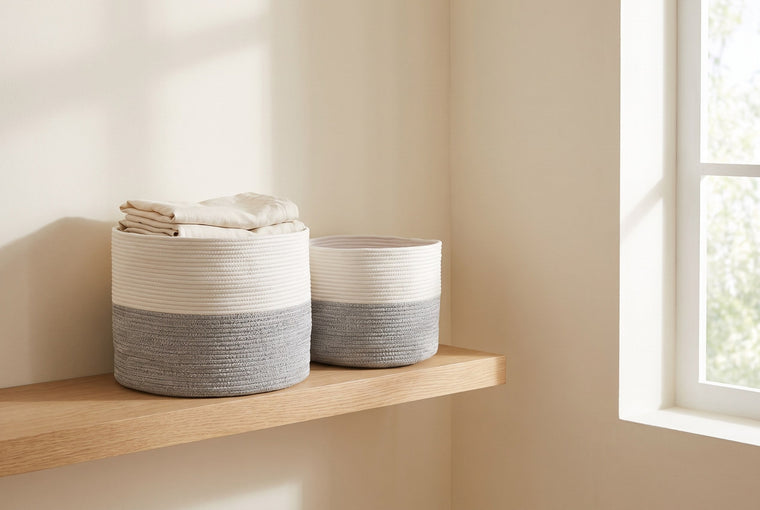 White and grey hand-woven cotton storage baskets holding folded linen on an oak shelf