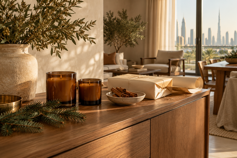 Unlit amber candles and a cream-wrapped Christmas parcel on an oak sideboard in warm Dubai afternoon light.