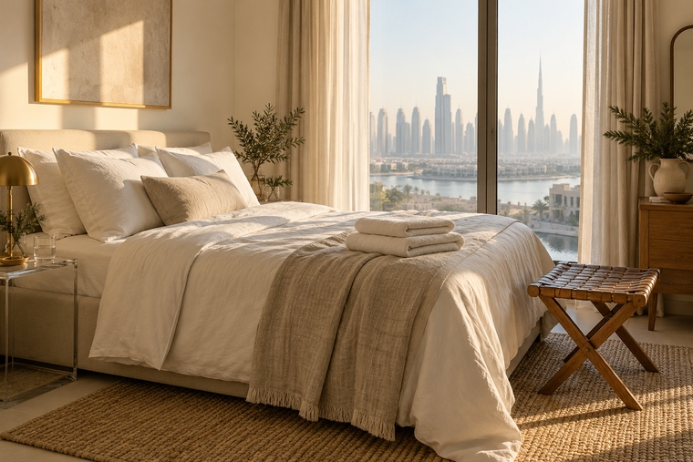 A cream guest bedroom with folded towels, drinking water and an oak luggage stool in soft Dubai morning light.