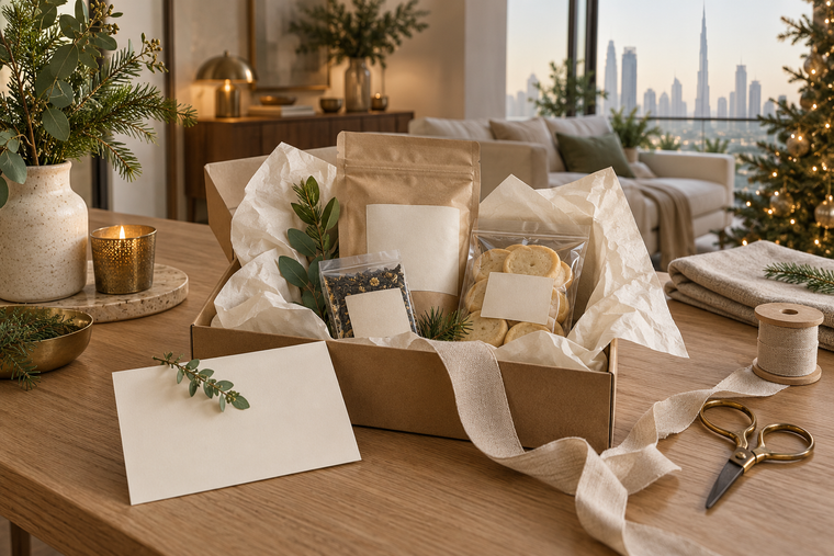 A kraft Christmas gift box with tea, shortbread, ivory tissue and linen ribbon on a warm oak table.