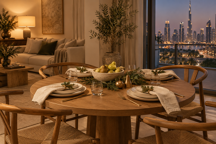 A small oak Christmas dining table set for four with cream plates, linen napkins, pears and muted brass ornaments.