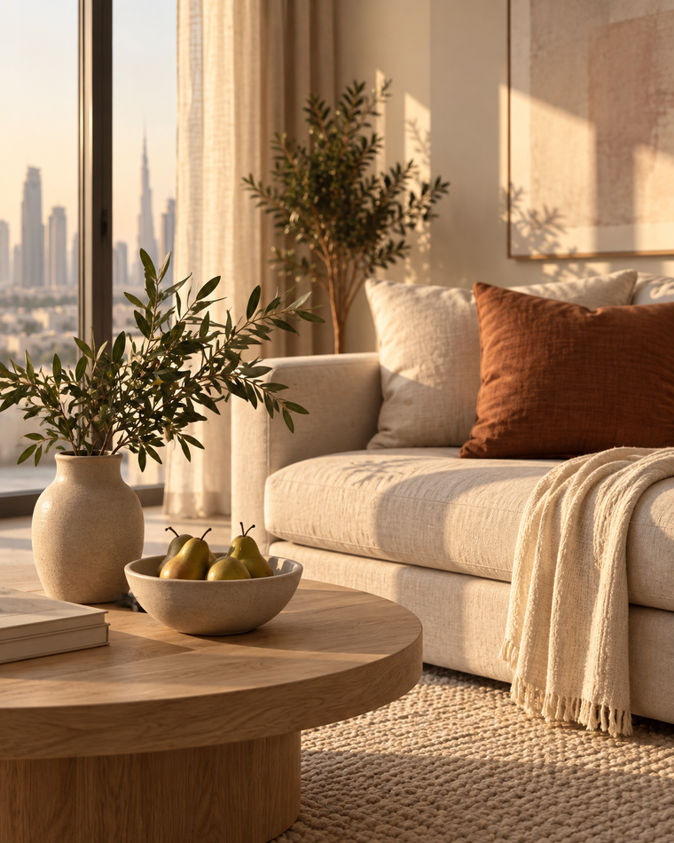Warm afternoon light across a cream sofa, rust cushion, oak table and a bowl of pears in a Dubai apartment.