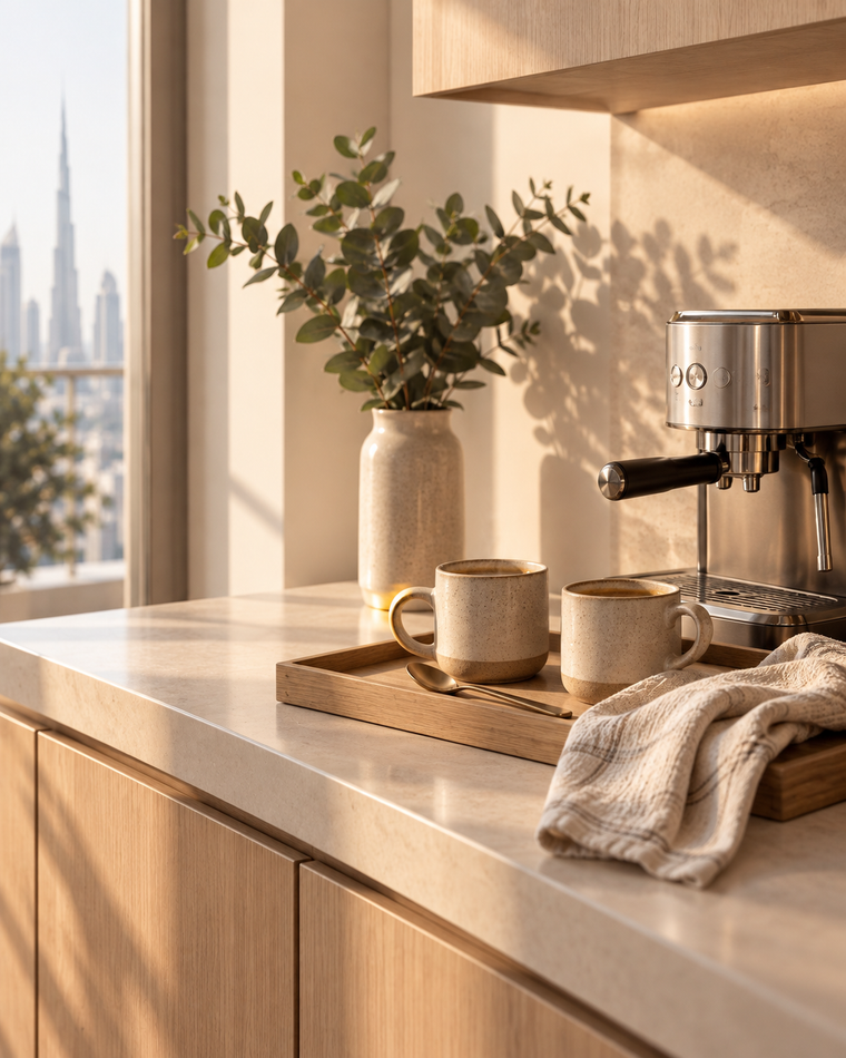 Morning light over a compact coffee corner with two ceramic cups, an oak tray and a clear kitchen counter.