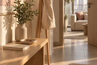 A compact apartment entrance with a slim oak bench, key dish and a canvas bag on a freestanding coat stand.
