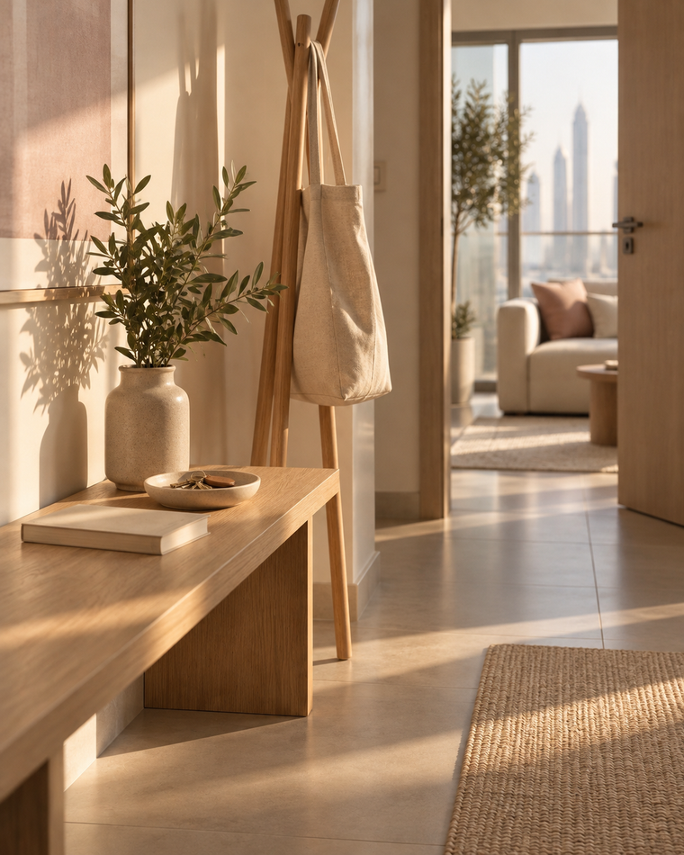 A compact apartment entrance with a slim oak bench, key dish and a canvas bag on a freestanding coat stand.