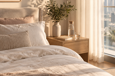 An inviting compact guest bedroom with ivory linen, folded towels and bedside drinking water.