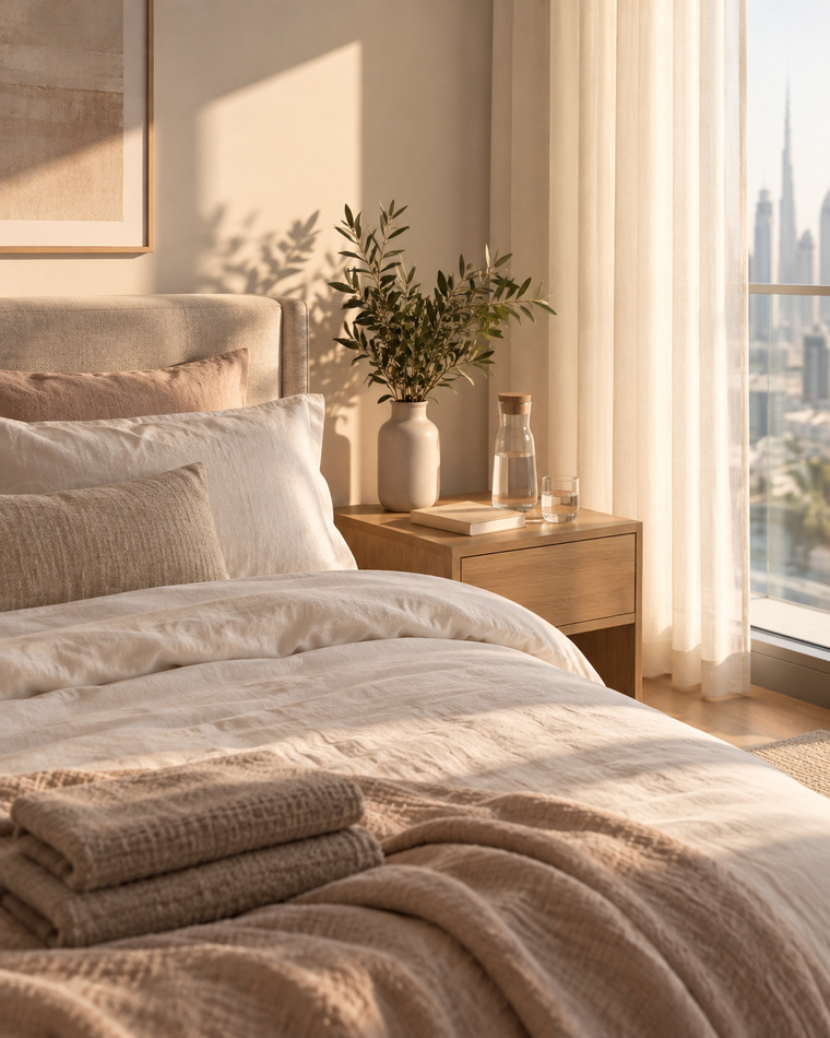 An inviting compact guest bedroom with ivory linen, folded towels and bedside drinking water.
