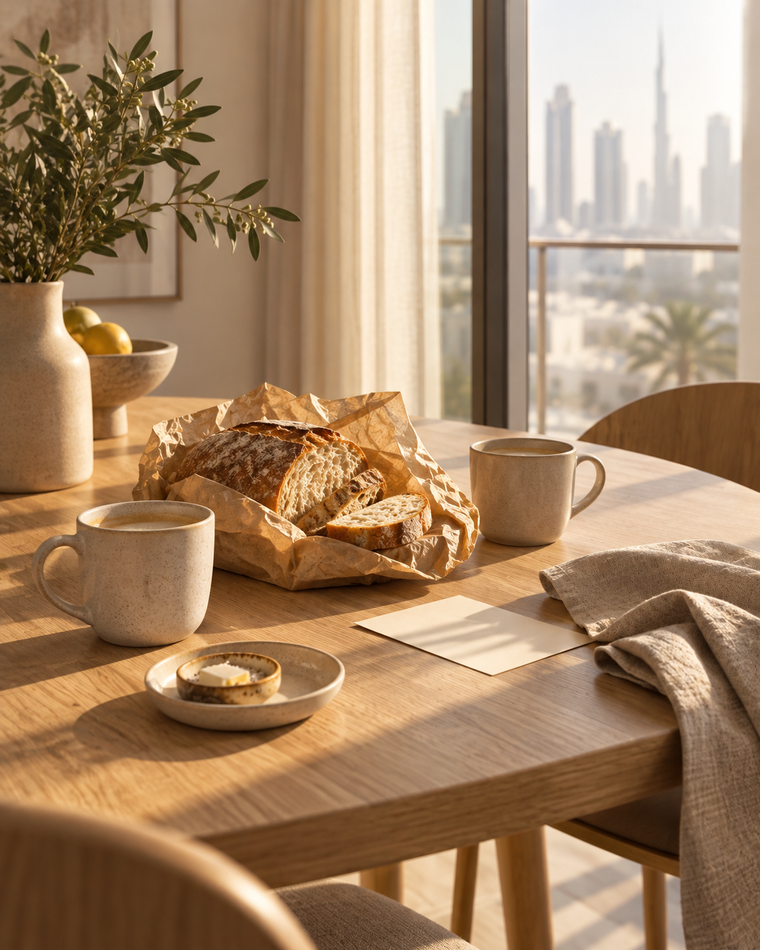 Fresh bread in kraft paper, two ceramic coffee cups and a blank thank-you card on a sunlit oak breakfast table.