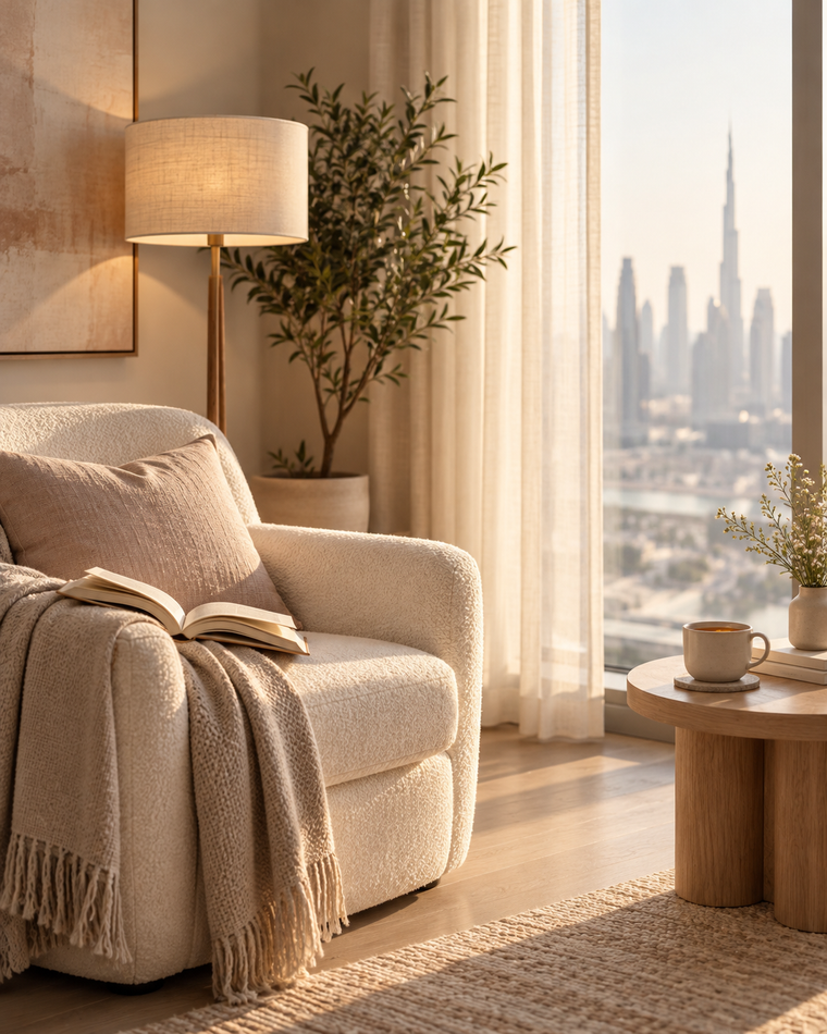 An ivory reading chair beside a window, with an open book, floor lamp and a cup on a small oak table.