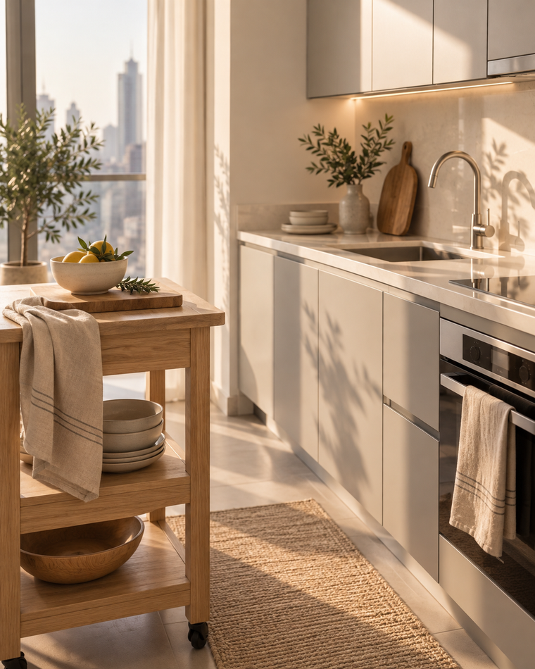 A compact rental kitchen with clear counters and a freestanding oak cart holding bowls and folded linen.