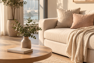 A tidy apartment sitting room with a cream sofa, folded throw, oak table and a book in soft morning light.
