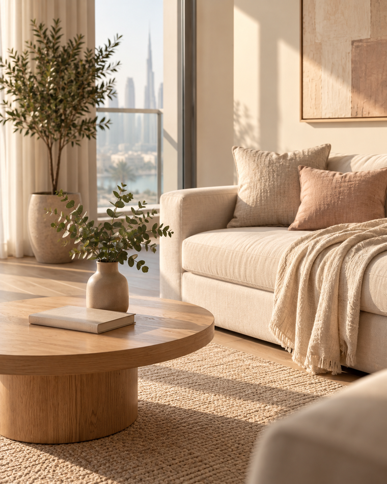 A tidy apartment sitting room with a cream sofa, folded throw, oak table and a book in soft morning light.