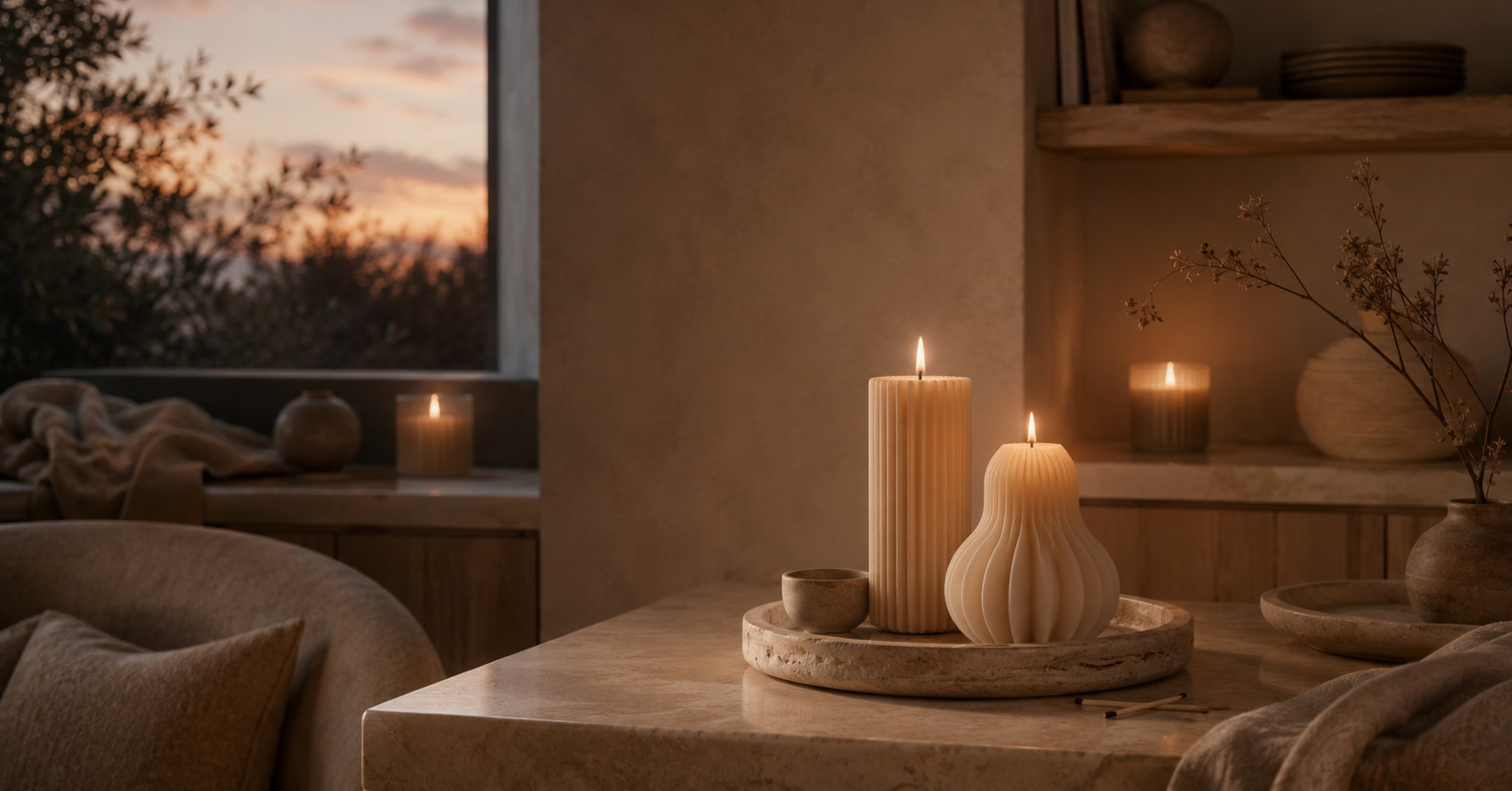 A calm, sunlit interior styled with soft home objects