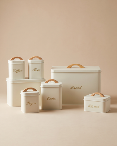 Cream 6-piece kitchen storage set with wooden handles, bread bin and five canisters - Soft Existence