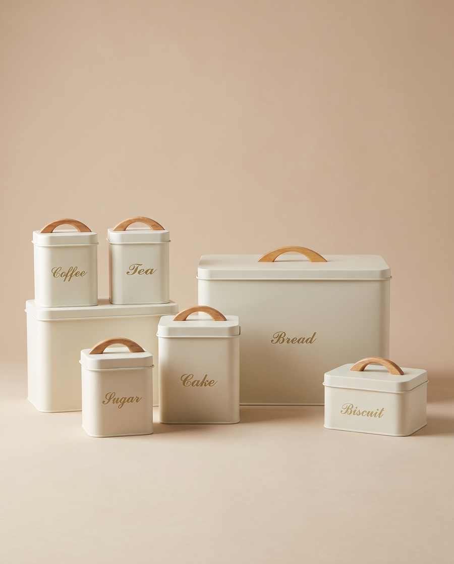 Cream 6-piece kitchen storage set with wooden handles, bread bin and five canisters - Soft Existence