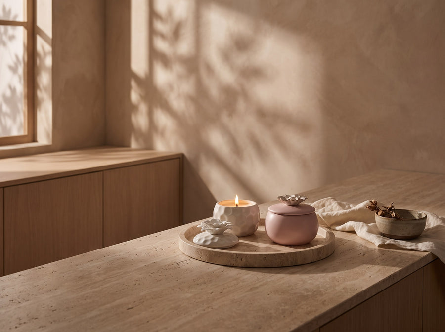 White honeycomb and pink ceramic flower-lid soy candles lit on a travertine tray at dusk